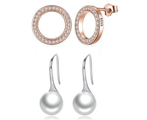 2pr Earring Set 925 Sterling Silver Rose Gold Pave Halo and Drop Earrings