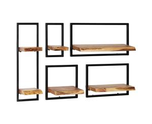 5 Pieces Solid Acacia Wood Wall Shelf Set Steel Floating Display Rack