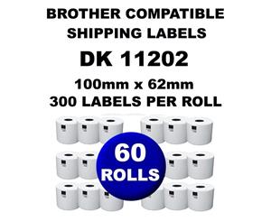 60 Rolls Brother Compatible Direct Thermal Labels DK 11202 62mm x 100mm