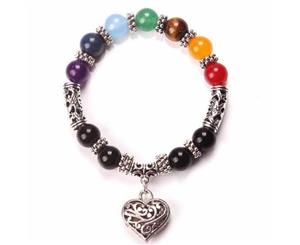 7 Chakra Bracelet with Tibetan Silver Heart Dangle - Valentine's Day Gift Idea