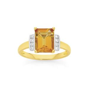 9ct Gold Citrine and Diamond Emerald Cut Shoulder Set Ring