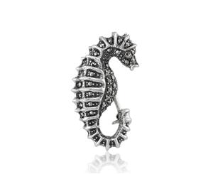 Art Nouveau Style Round Marcasite Seahorse Brooch in 925 Sterling Silver