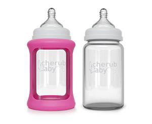 Cherub Baby Glass Bottle 240ml Twin Pack with Protective Colour Change Silicone Sleeve - Pink