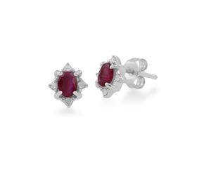 Classic Oval Ruby & Diamond Cluster Stud Earrings in 9ct White Gold
