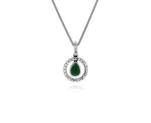 Classic Pear Emerald & Marcasite Halo Pendant in 925 Sterling Silver