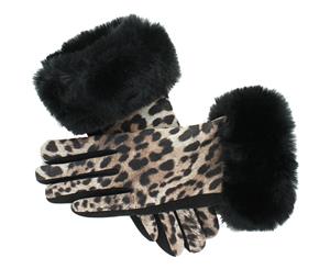 Evvor Womens Animal Print Faux Fur Cuff Fashion Gloves - Brown