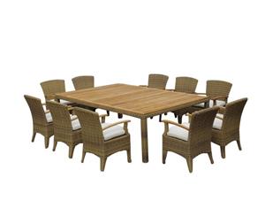 Kai 10 Seat Outdoor Dining Table Setting In Half Round Wicker - Brushed Wheat Cream cushion - Outdoor Wicker Dining Settings