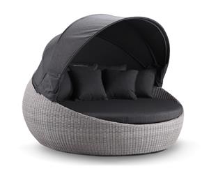 Large Newport Outdoor Wicker Round Daybed With Canopy - Outdoor Daybeds - Brushed Grey and Denim cushion