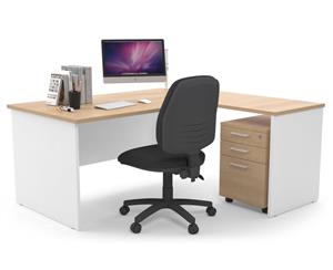 Litewall Panel - L-Shaped Corner Panel Office Desk White Leg [1600L x 1550W] - maple laminate pedestal