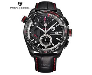 PAGANI Men Fashion Watch Casual Black Leather Band Quartz Chronograph Wrist Watch for Male