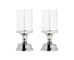 Pair of REBECCA 27cm Tall Hurricane Lamps with Round Bases and Polished Nickel Stands