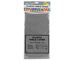 SILVER - Plastic Table Cloth. 1.4 x 2.7m. Great for Parties and Birthdays. - Silver