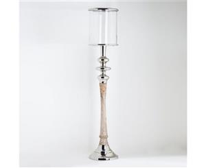 SOFIE 110cm Tall Hurricane Lamp with Round Base and Timber/Polished Nickel Stand