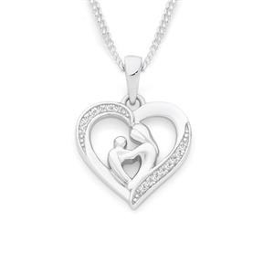 Silver Mother & Child In CZ Heart Pendant