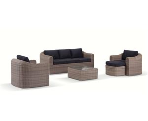 Subiaco 3+1+1 Seater Lounge Setting With Coffee Table And Ottoman - Outdoor Wicker Lounges - Brushed Wheat Denim Cushion