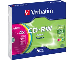 VCDRW-5 Verbatim CD-Rw 5Pk 2X-4X Coloured Slim Case Rewritable Up To 1000 Times Rewritable Up To 1000 Times VERBATIM CD-RW 5PK 2X-4X