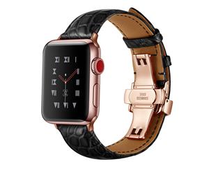WIWU Crocodile Leather Watch Band Rosegold Metal Buckle For Apple Watch 5/4/3/2/1-Black