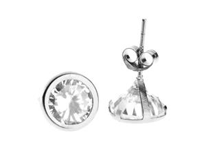 14K White Gold Iced Out Ear Stud Earrings - BEZEL ROUND 7mm - Silver