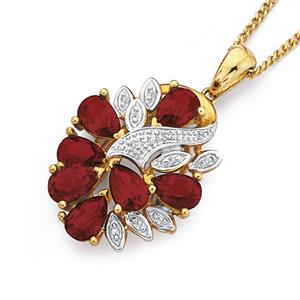 9ct Gold Created Ruby & Diamond Cluster Pendant