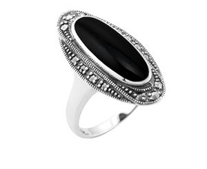 Art Deco Style Black Onyx Cabochon & Marcasite Ring in 925 Sterling Silver