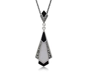 Art Deco Style Cabochon Black Onyx Mother of Pearl & Marcasite Pendant in 925 Sterling Silver