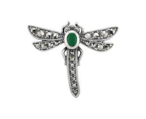 Art Nouveau Style Oval Marcasite & Emerald Dragonfly Brooch in 925 Sterling Silver