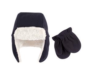 Baby Boy Dark Blue Sherpa Hat with Mittens Set 0-6 Months By Hudson Baby