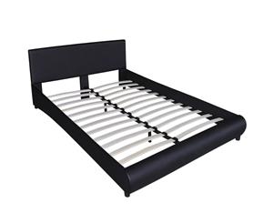 Bed Frame with Curved Lines Queen Leather Black Slatted Bedroom Base