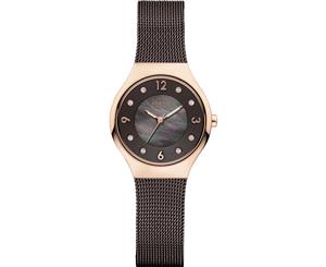 Bering Ladies Solar Collection Rose Gold Case Brown Pearl Dial Brown Milanese Strap