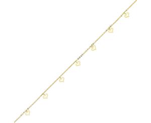 Bevilles 9ct Yellow Gold Silver Infused Floating Open Hearts 25cm Anklet