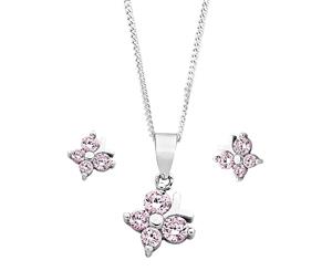 Bevilles Children's Sterling Silver Pink Butterfly Earring & Necklace Set Curb