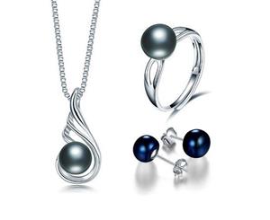 Black Elegant Pearl Pendant Ring and Earring Set