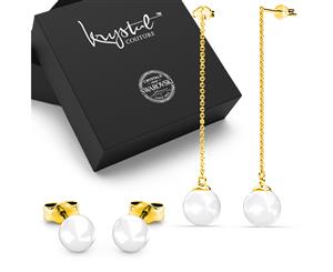 Boxed 2 Pairs 18K Gold Pearl Earrings Set Embellished with Swarovski Pearls