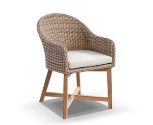 Coastal Wicker Outdoor Dining Chair With Teak Timber Legs In Brushed Wheat - Brushed Wheat Cream cushions - Outdoor Wicker Chairs