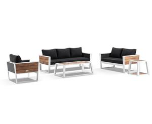 Corfu 3+2+1 Aluminium And Teak Timber Lounge With Coffee Table & Side Table - White Aluminium with Denim - Outdoor Aluminium Lounges