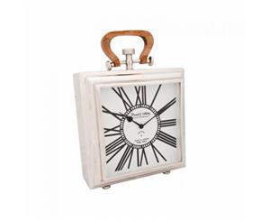 DANIEL & ASHLEY Medium Desk Clock with White Square Face Black Numerals and Arms Polished Nickel Finish and Wooden Handle