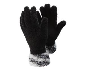 Floso Ladies/Womens Fluffy Extra Soft Winter Gloves With Patterned Cuff (Black/Grey) - GL247