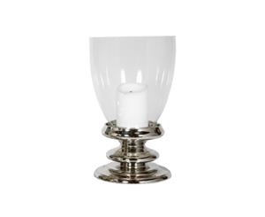 JACKIE 43cm Tall Hurricane Lamp with Round Base and Polished Nickel Stand