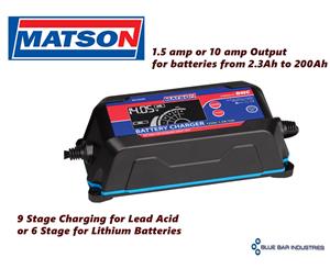 Matson 12v Battery Charger 12 volt 1.5 - 10amp 9 or 6 Stage Charging LED Status