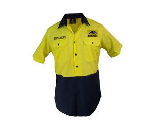 Penrith Panthers NRL Short Sleeve Button Work Shirt HI VIS YELLOW NAVY