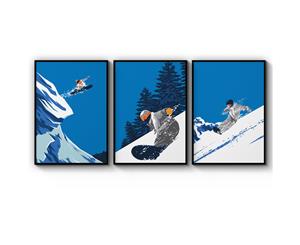 Set of 3 Retro Style Snowboard Art - Black Frame