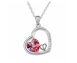 Swarovski Crystal Elements - Double Heart Design Necklace - Platinum Plate - Rose Red - Valentine's Day Gift Idea