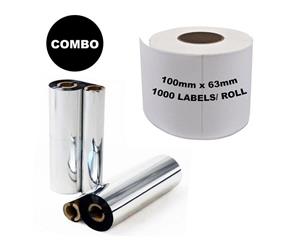 4 Roll Thermal Transfer Compatible Labels 100mm x 63mm 1000 Labels/Roll and 4 Wax Resin Ribbon COMBO