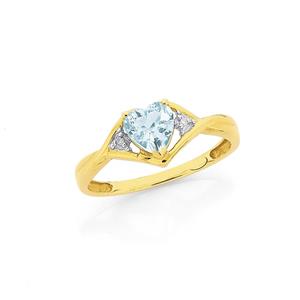 9ct Gold Aquamarine & Diamond Heart Twist Ring