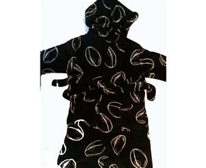 All Black Dressing Gown with Rugby Ball Design - Size 3