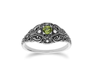 Art Deco Style Round Peridot & White Topaz Ring in 925 Sterling Silver