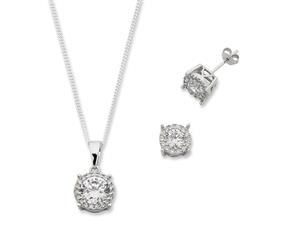Bevilles Sterling Silver Cubic Zirconia Necklace & Earring Set Stud