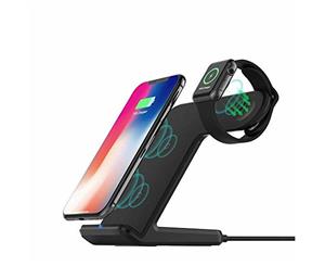 Catzon 2 in 1 Wireless Charger Stand Fast Charging Station for Apple Watch and iPhone Samsung and All Qi-Enabled Phones -Black