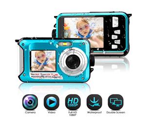 Catzon Waterproof Camera + 8GB SD Card Full HD 1080P Underwater Camera 24 MP Video Recorder Selfie Dual Screen Blue
