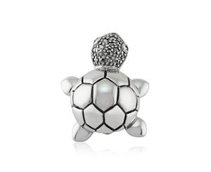 Classic Round Marcasite Cute Turtle Brooch in 925 Sterling Silver